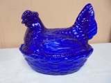 Beautiful Lage Cobalt Blue Glass Hen on Nest