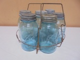 Group of 6 Vintage Blue Glass Ball Quart Jars in Metal Rack