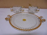 Vintage Jeanette Glass 22kt Decorated Creamer & Sugar w/ Tray
