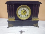 Antique E Ingraham Ornate Wood Case Mantel Clock w/ Key