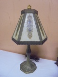 Beautiful Vintage Metal Table Lamp w/ Glass Panel Shade