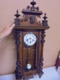 Antique Ornate Wood Case Wall Clock w/ Key