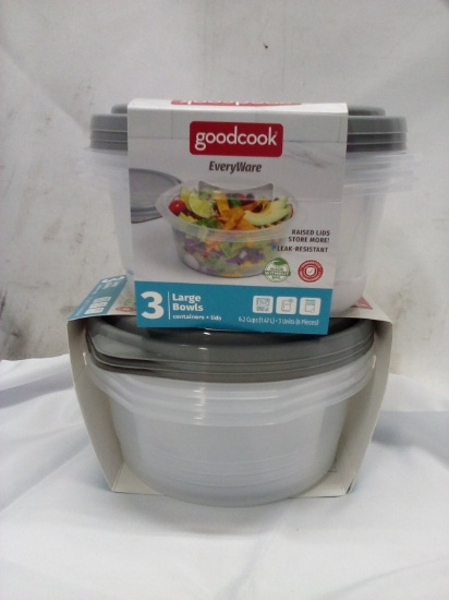 Qty 2 Large Bowls with Lids 6.2 cups Leak Resistant plastic storage container 3 pk