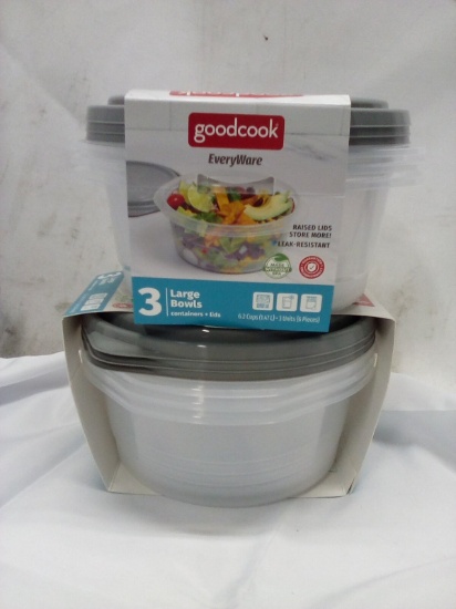 Qty 2 Large Bowls with Lids 6.2 cups Leak Resistant plastic storage container 3 pk