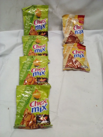 6Pc Assorted Flavor 3.75oz Chex Mix Snack Lot- (4) Jal. Ched., (2) White Ched.