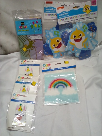 Qty 3 LED Llama Badge/ 16ct Zip Top Treat Bags/ Tablecloth/ Baby Shark Banner