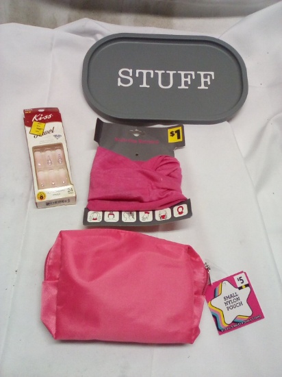 4Pc Lot-(1) Dec. Tray, (1) Set of Kiss Nails, (1) Multiway Bandana, (1) Mini Pouch