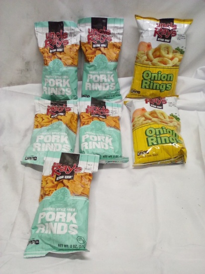 7Pc Ass. Uncle Rays Snack Lot- (2)Onion Rings, (5)Country Style Fried Pork Rinds