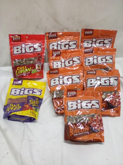 Lot of 9 Ass. Flavor BIGS Sunflower Seeds- (7) Bacon, (1) Taki, (1) Chile Limon