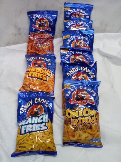 9 Ass. Andy Capps Snacks- (6) Onion Rings, (1) Hot Onion Rings, (2) Ass. Fries