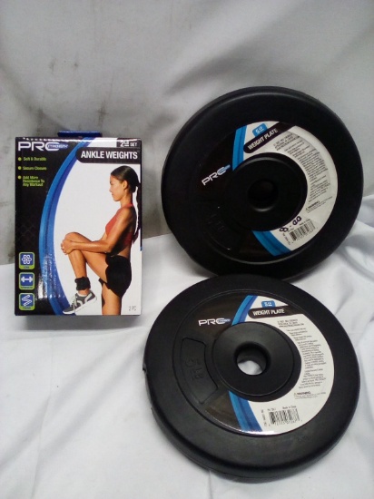 3Pc ProStrength Lot- (2) 5Lbs Weight Plates, (1) Pair of 2Lbs Ankle Weights