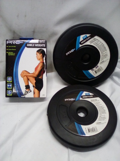 3Pc ProStrength Lot- (2) 5Lbs Weight Plates, (1) Pair of 2Lbs Ankle Weights