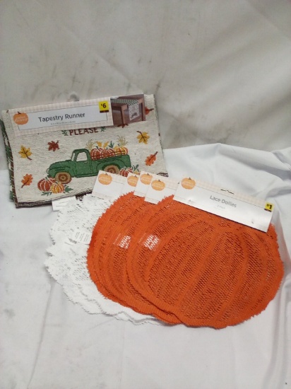 6Pc Perfect Harvest Tbl Decor Lot-(1) Tapestry Runner,(5) Lace Doilie Twin Packs