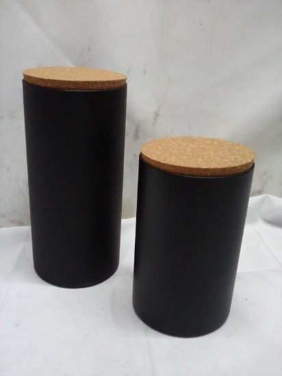 Pair of Ceramic Canisters w/ Wood Lids