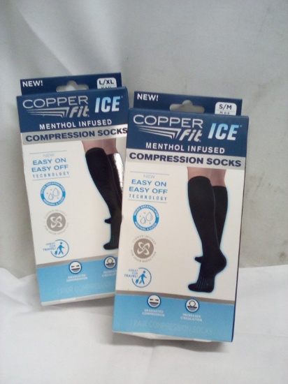 2 Pairs of CopperFit Menthol Infused ICE Compression Socks- (1) S/M, (1) L/XL