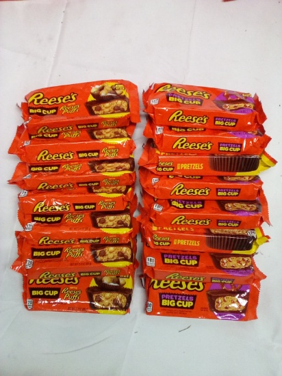 Lot of 15 Assorted Reeses King Size Big Cup Snacks- (7) Puffs, (8) Pretzel