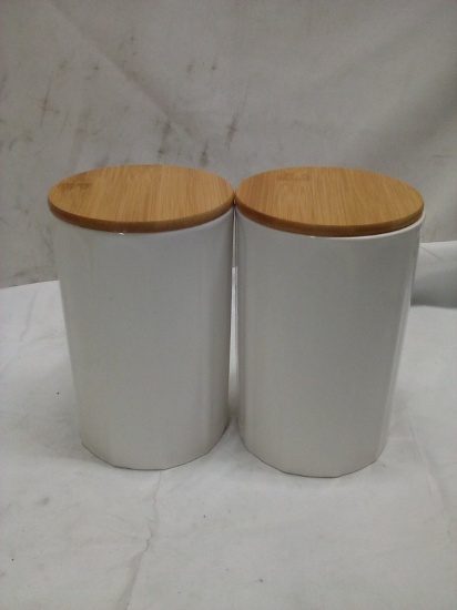 Qty 2 Ceramic Canister with Bamboo Lid 4.75” x 7.5”