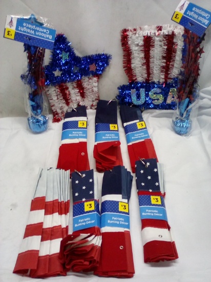 Qty 7 Patriotic Bunting Decor/ Qty 2 Balloon Weight/ Qty 2 Patriotic Hanging décor