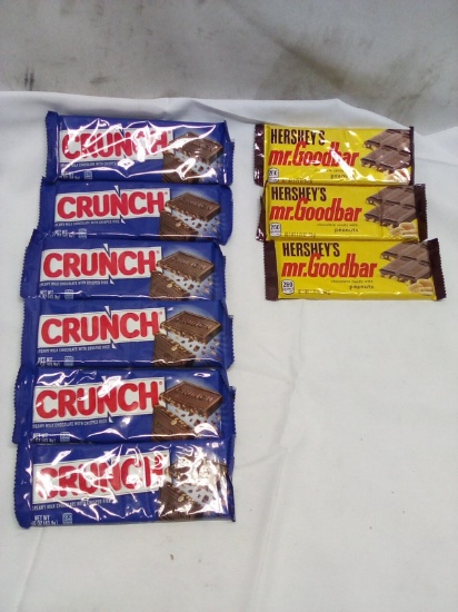 9Pc Assorted Chocolate Bar Lot- (6) Crunch, (3) Mr Goodbar