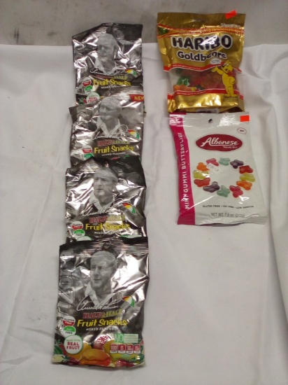 6Pc Ass. Fruit Snack Lot- (4) Arnold Palmer, (1) Haribo, (1) Albanese Butterflies