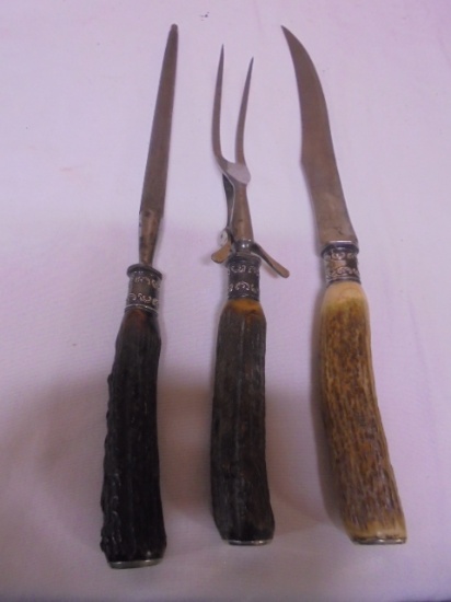 3pc Vintage Stag Handled Carving Set w/ Sterling Silver Bands