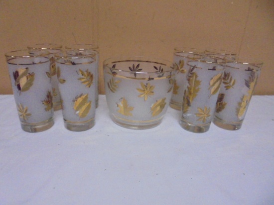 Vintage Libby Gold Leaf Design Ice Bucket & 8 Matching Glasses