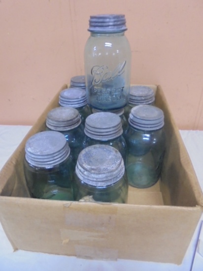 Group of 11 Vintage Blue Glass Quart Ball Jars w/ Zinc Lids
