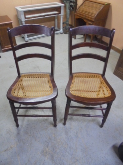 2 Matching Antique Cane Bottom Ladder Back Chairs