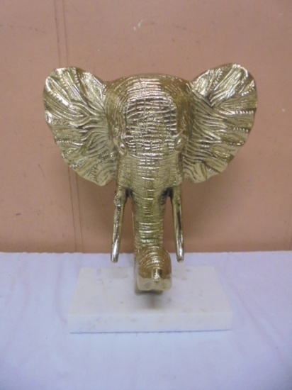 Large Gold Metal Elephant Bust on Marble Base