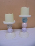 2 Matching Porcelain Candle Holders w/ LED Flameless Candles