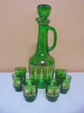 Beautiful Vintage Jay Made in Italy Green Gold Accent Decanter & 6 Matching Shotglasses