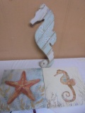 2 Canvas Sea Horse & 1 Wooden Seahorse Wall Décor