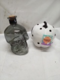2Pc Decor Lot- (1) Glass Skull Jar, (1) Stuffed Pumpkin