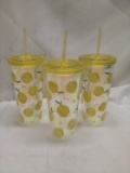 Lot of 3 TrueLiving 23FlOz Lemon Print Double Wall Tumblers w/ Straws