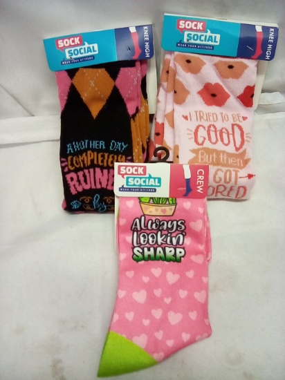 Qty 3 Sock Social 2 knee high 1-crew