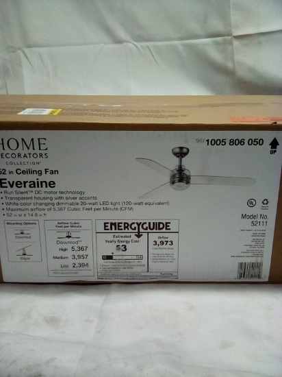 52” Ceiling Fan Transparent housing with Silver accents 52” x 14.8”