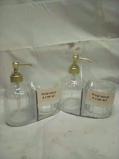 Qty 2 Glass Soap Pump and Cup Set