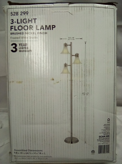 3 Light Floor Lamp Brushed Nickel Frosted Shades 9.8” x 64.5” x 14”