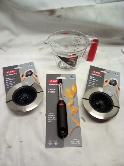 OXO Kitchen Utensils (2 Sink Strainers, 2 Cup Measuring Cup, Swivel Peeler)