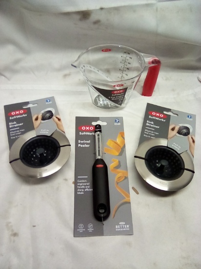 OXO Kitchen Utensils (2 Sink Strainers, 2 Cup Measuring Cup, Swivel Peeler)