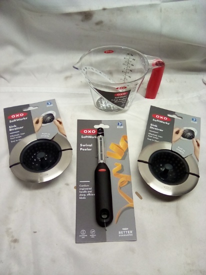 OXO Kitchen Utensils (2 Sink Strainers, 2 Cup Measuring Cup, Swivel Peeler)