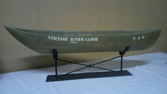 Carved Wood Canoe on Iron Display Stand Décor Piece