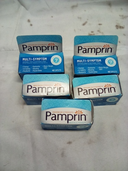 Pamprin Multi Symptom Asprin & Cafeine Free 40 Caplets Qty 5 (Exp 11/25)