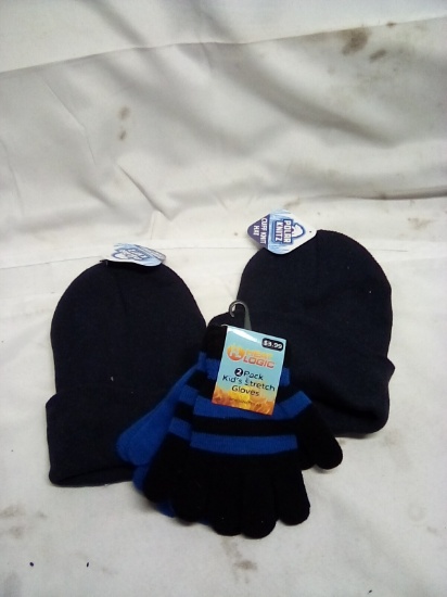 Qty 2 Polor Knitz Cuff Hat and 1 2 Pack Kids Stretch Gloves