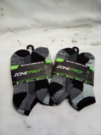 Zone Pro Mens Half Cushion Low Cut Socks Size 6-12 Qty 2 Packs of 4 Pair