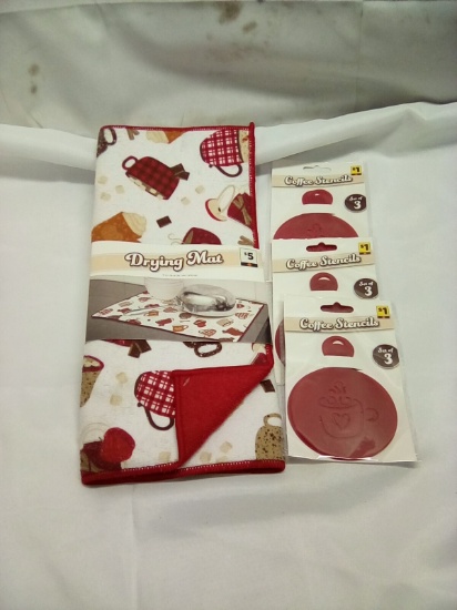 Drying Mat 15” x 20” & 3 Packs of 3 Coffee Stencils
