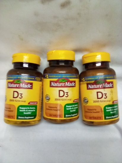 Qty 3 Nature Made D3 2000IU 220 Tablets per Bottle