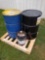 Skid lot with 2 drums and 1 bucket of small amounts of oil
