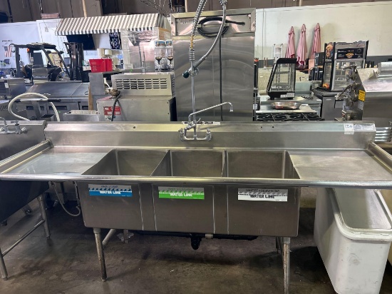 102 in. Stainless Steel 3 Tub Sink with Pre Rinse