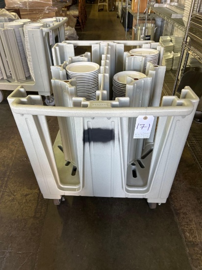 Cambro Adjustable Plate Dolly with 4 Stacks of 7 in. White Ceramic Plates